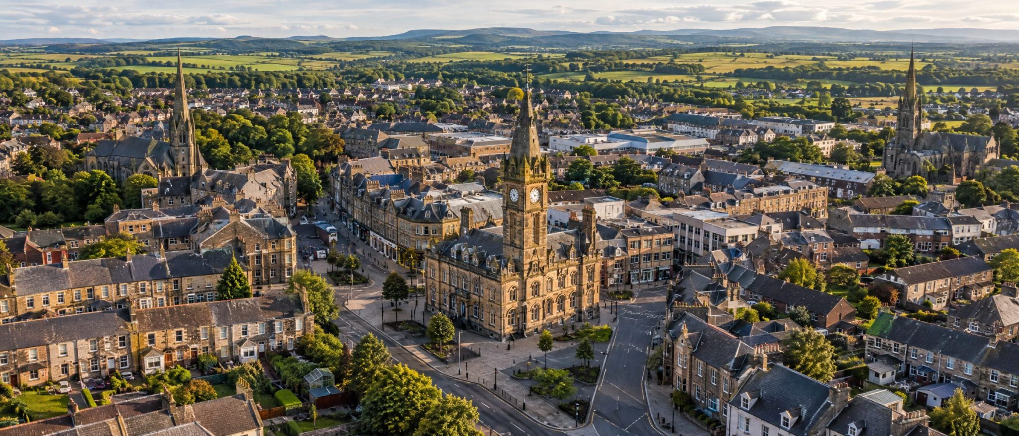Aerial view of Airdrie town centre with its clock tower and sandstone streets