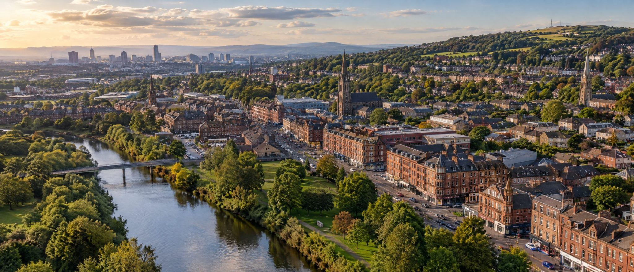 Aerial view of Cambuslang with its Main Street, homes and the River Clyde