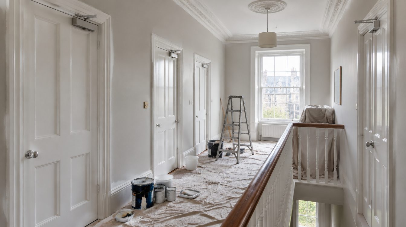 Hallway with fire doors in a former HMO being redecorated as a family home