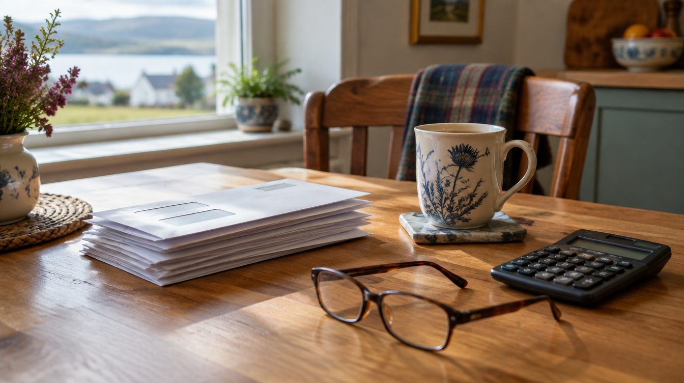 Unopened bills, a calculator and a mug of tea on a kitchen table, representing council tax arrears