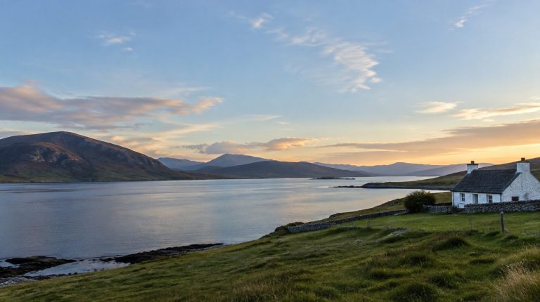 Whitewashed croft house beside narrow fields running down to a sea loch in the Scottish Highlands
