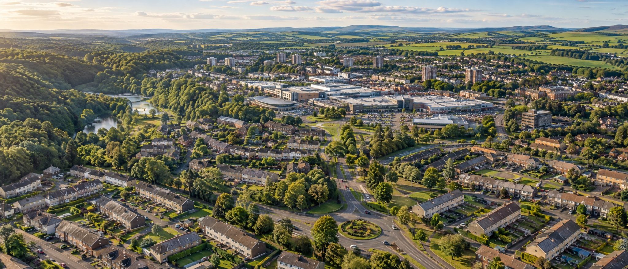 Aerial view of East Kilbride with its town centre, homes and Calderglen woodland