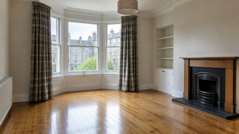 Empty living room in a Scottish tenement flat with light fittings and curtains left in place, ready for the date of entry
