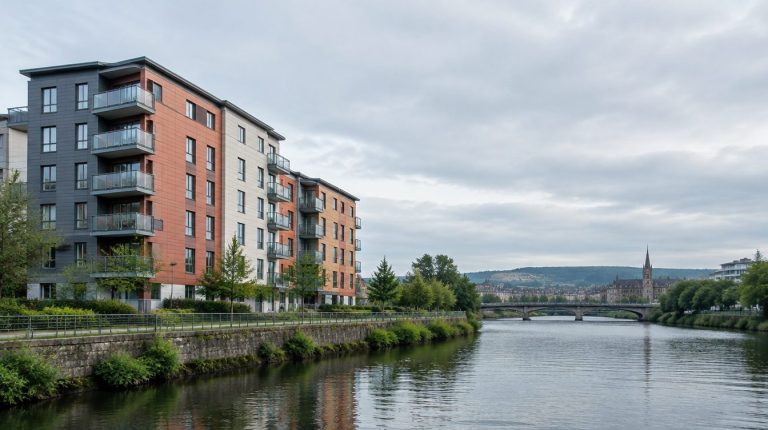 Modern block of flats with external cladding panels beside a river in a Scottish city
