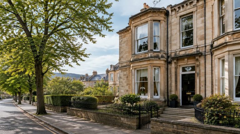 Victorian sandstone terraced townhouse on a tree-lined street in a Scottish city