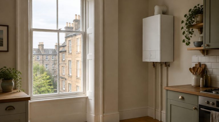 Gas combination boiler on the kitchen wall of a Scottish tenement flat being prepared for sale