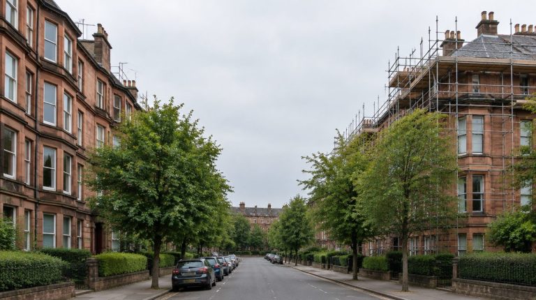 Sandstone tenement building in Scotland with scaffolding for common roof and stonework repairs