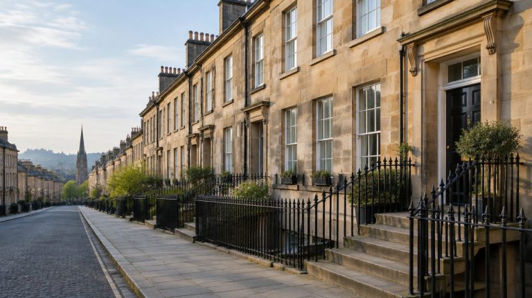 Georgian sandstone terrace with sash windows and iron railings in a Scottish conservation area