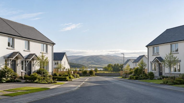 Row of new build homes on a Scottish housing estate with hills in the distance