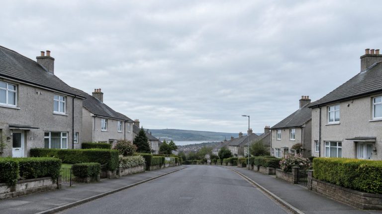 Street of post-war rendered concrete semi-detached houses in a Scottish town