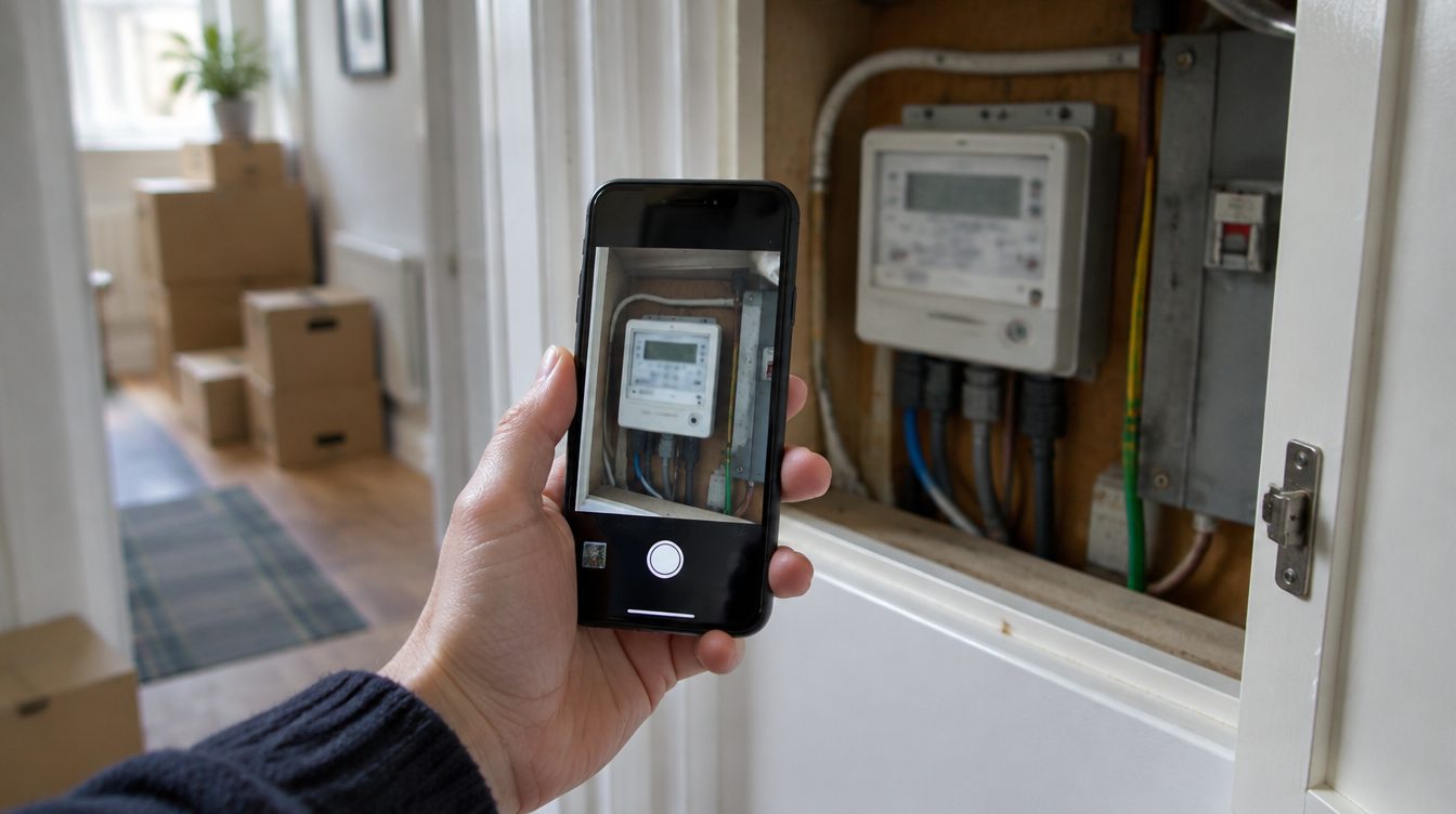 Seller photographing an electricity meter reading on moving day with packing boxes in the hallway