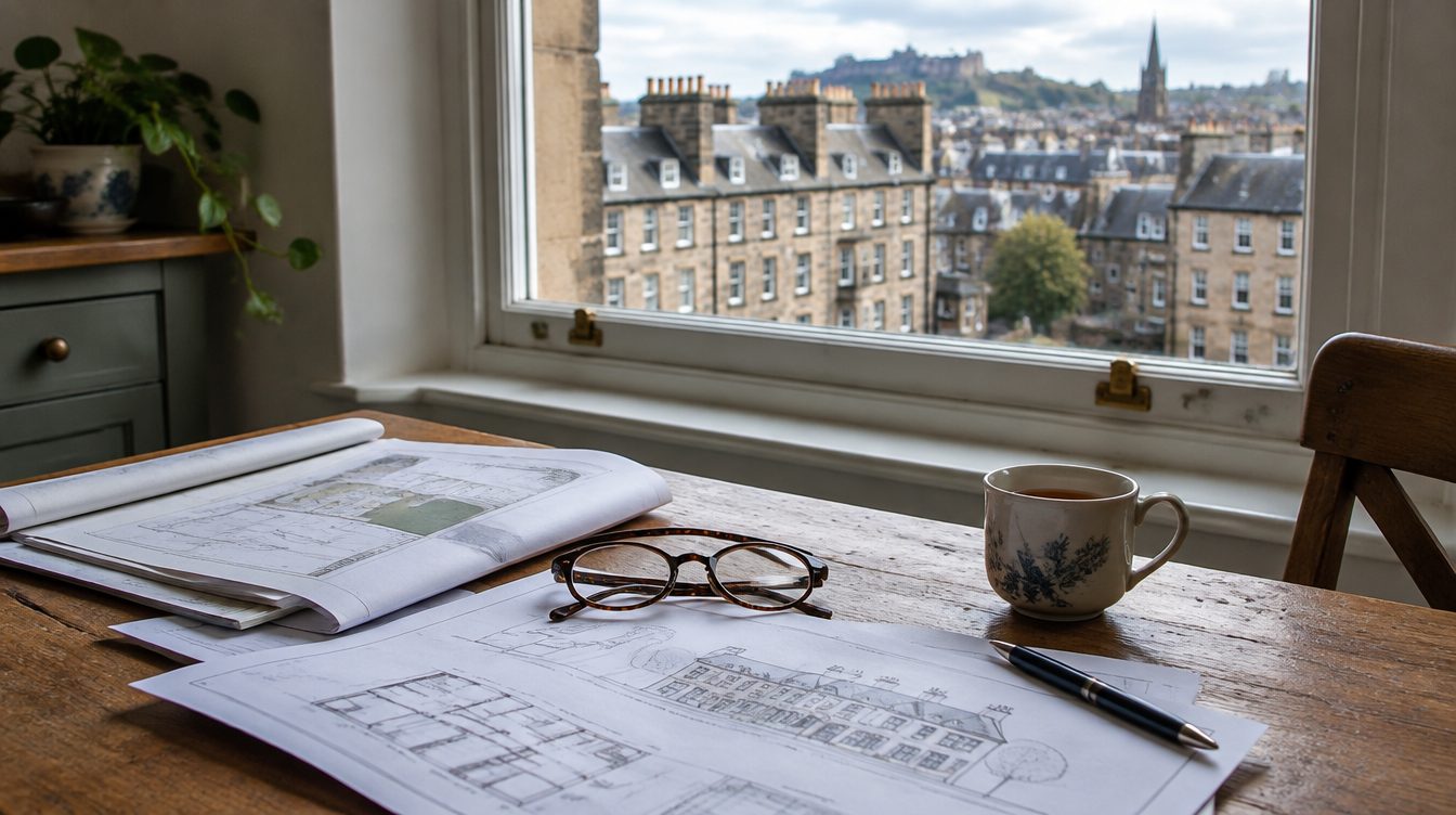 Planning drawings and letters on a kitchen table beside a window overlooking Edinburgh tenement rooftops