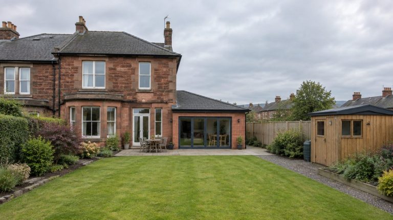 Red sandstone semi-detached house in Scotland with a single storey rear extension and garden outbuilding