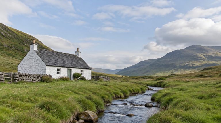 Whitewashed stone cottage beside a burn in the Scottish countryside, typical of homes on a private water supply