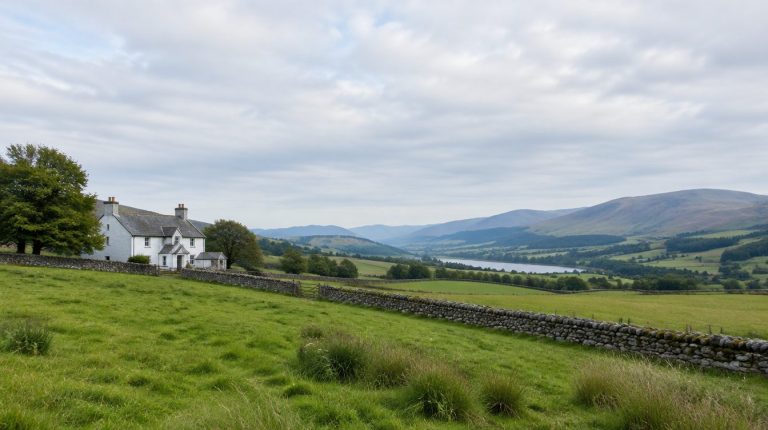 White harled farmhouse among green fields and dry stone walls in rural Scotland