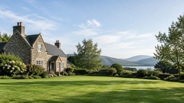 Detached stone cottage with a large garden lawn in the Scottish countryside