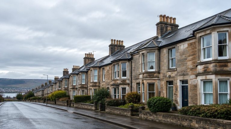 Row of sandstone terraced houses on a quiet street in a Scottish town