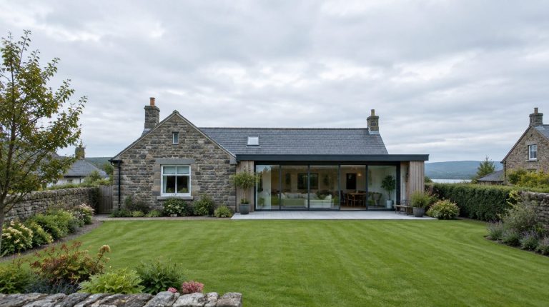 Traditional Scottish stone bungalow with a modern single storey rear extension and glass doors