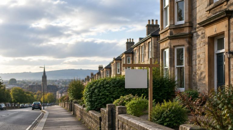 Sandstone terraced houses on a Scottish street with a blank for sale sign in the front garden