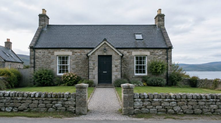 Traditional Scottish stone cottage with a dark front door, stone wall and loch view