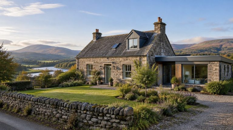 Traditional Scottish stone cottage with a modern side extension and a dormer loft conversion