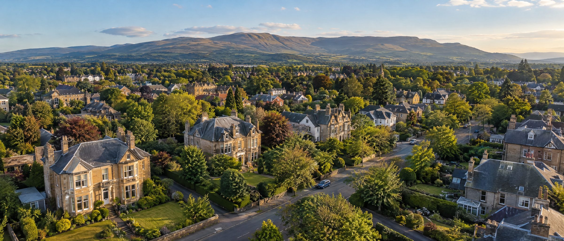 Aerial view of Bearsden with Victorian sandstone villas, family homes and tree-lined streets