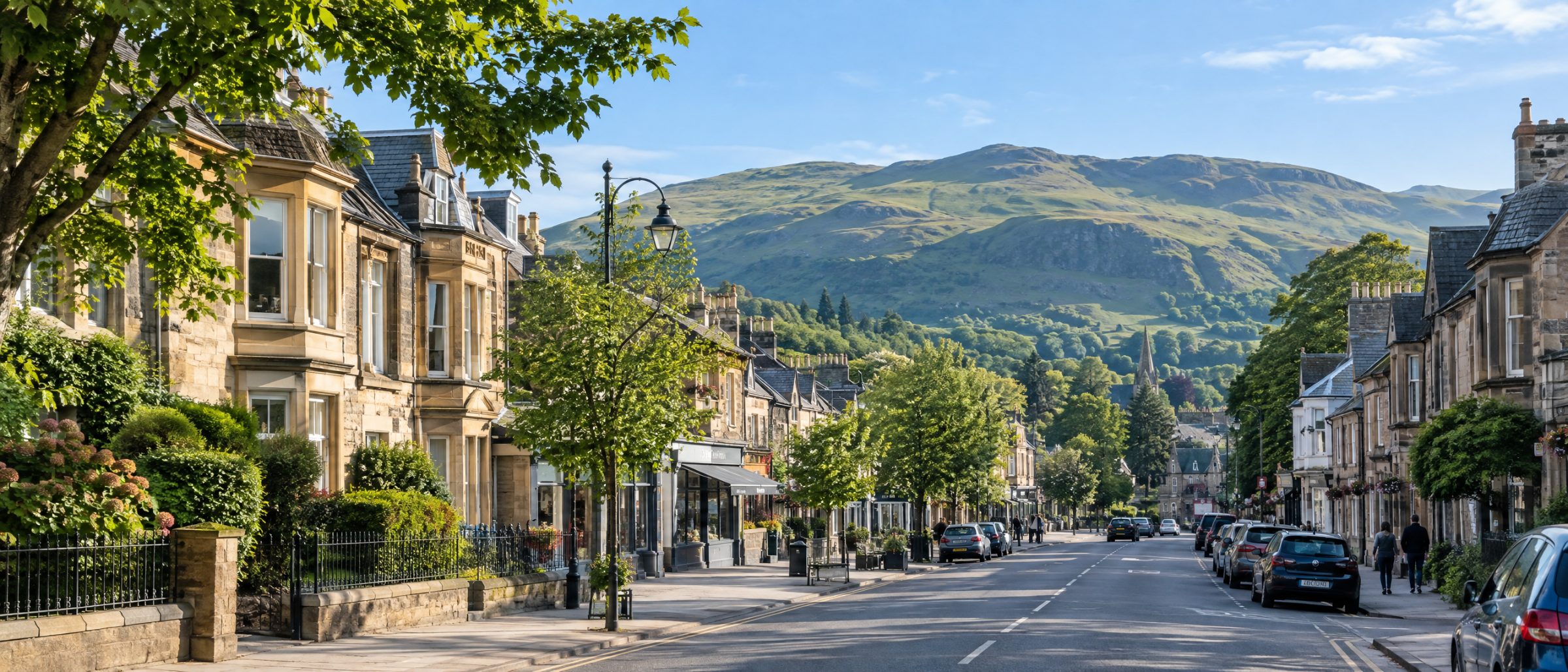 Victorian stone villas and shops on a leafy street in Bridge of Allan, with the Ochil Hills behind
