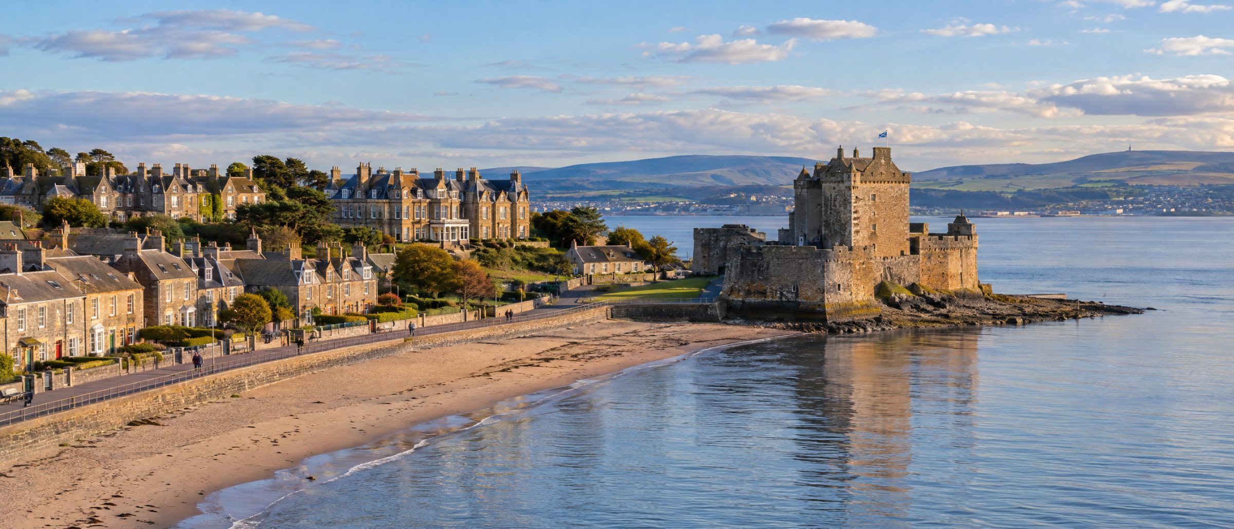 Broughty Castle and the beach at Broughty Ferry, with Victorian villas and stone cottages along the shore