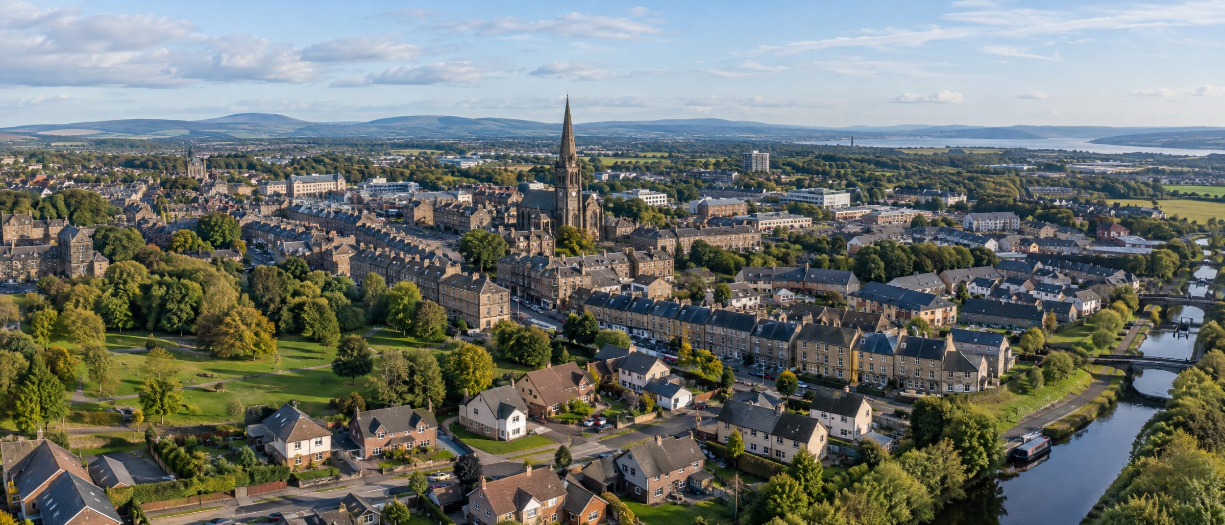 Aerial view of Falkirk with the town centre steeple, terraced streets, homes and the canal