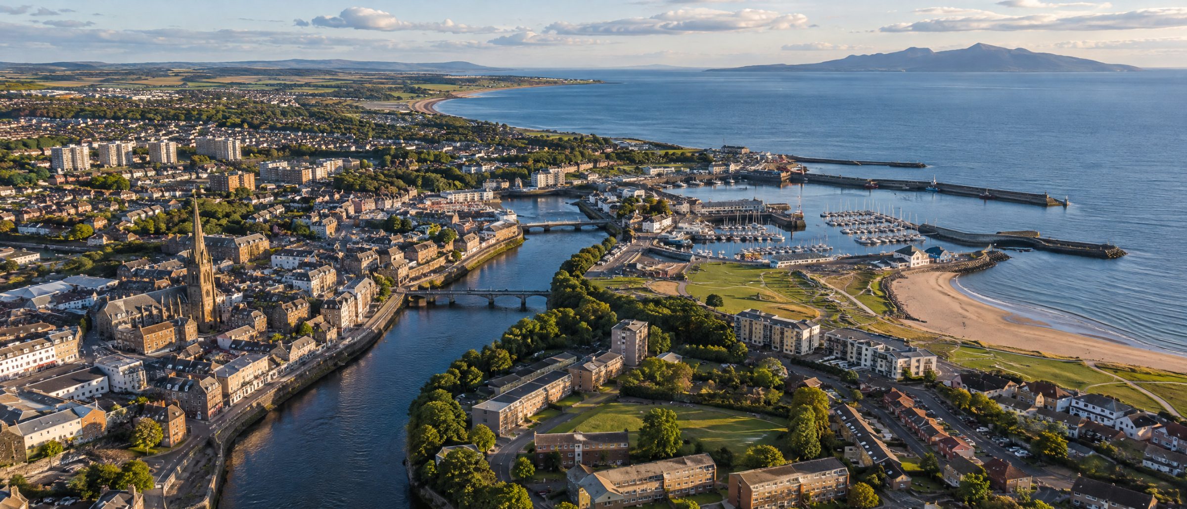Aerial view of Irvine with the River Irvine, the harbour and Irvine Bay