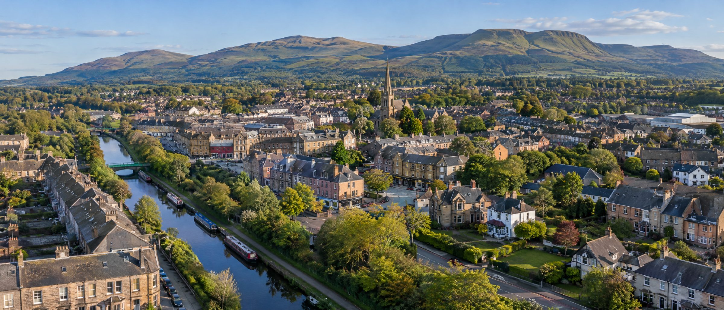 Aerial view of Kirkintilloch with the Forth and Clyde Canal, homes and the Campsie Fells behind