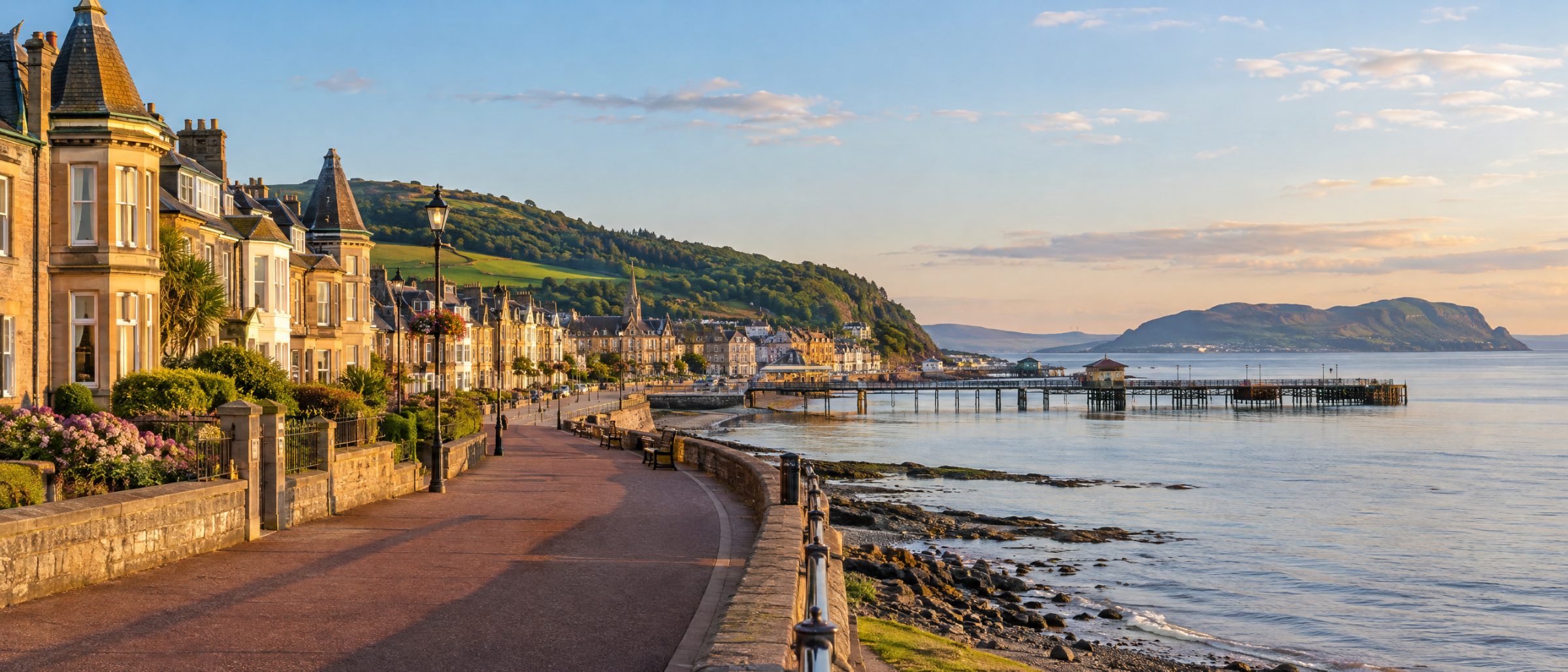 Largs seafront promenade with Victorian villas, the pier and Great Cumbrae