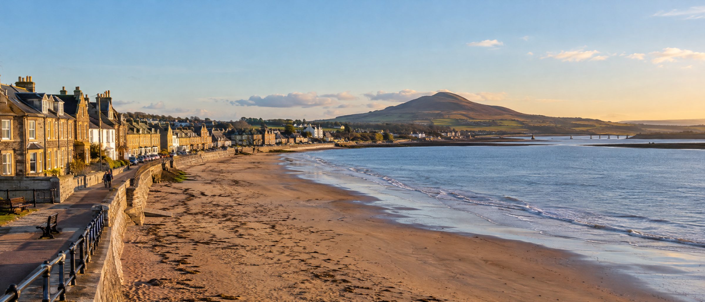Leven beach and promenade with stone houses and Largo Law in the distance