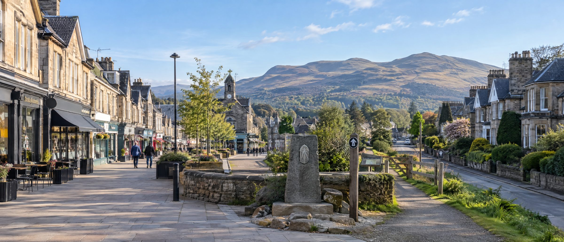 Milngavie town centre with stone buildings and homes, and the Campsie Fells in the distance