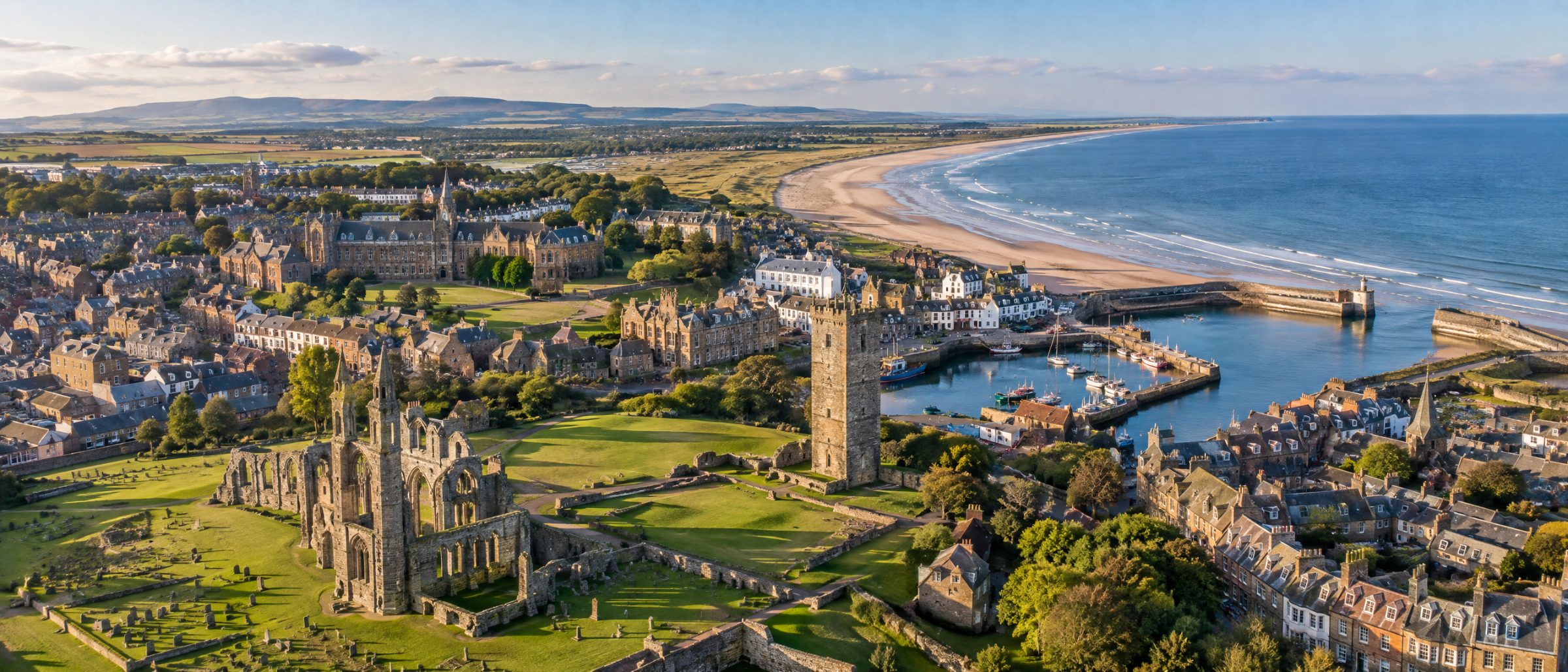 Aerial view of St Andrews with the cathedral ruins, the harbour and the beach