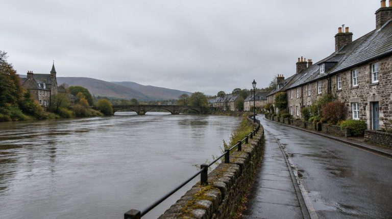 Stone cottages beside a high river in a Scottish town after heavy rain