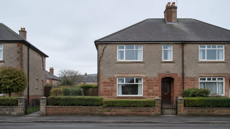 Scottish semi-detached house with a stepped crack in the render near the gable, a sign of possible subsidence