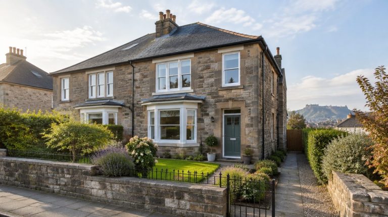 Stone semi-detached house on a quiet Scottish suburban street in morning light