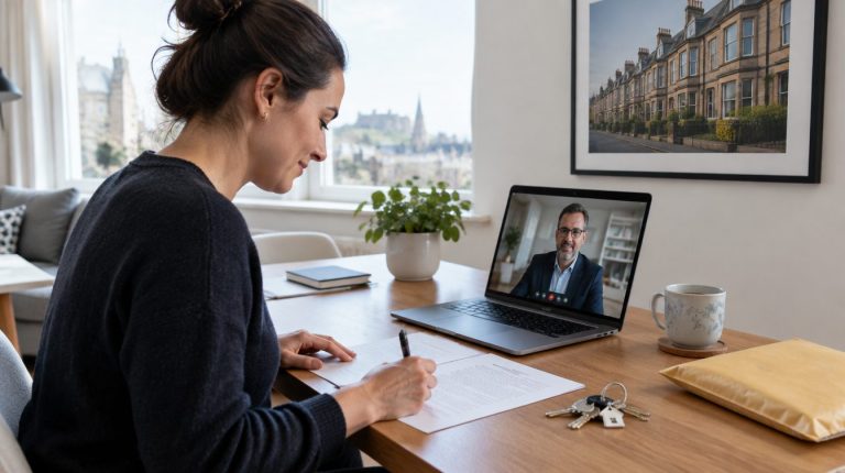Homeowner signing property sale documents at home during a video call with her solicitor