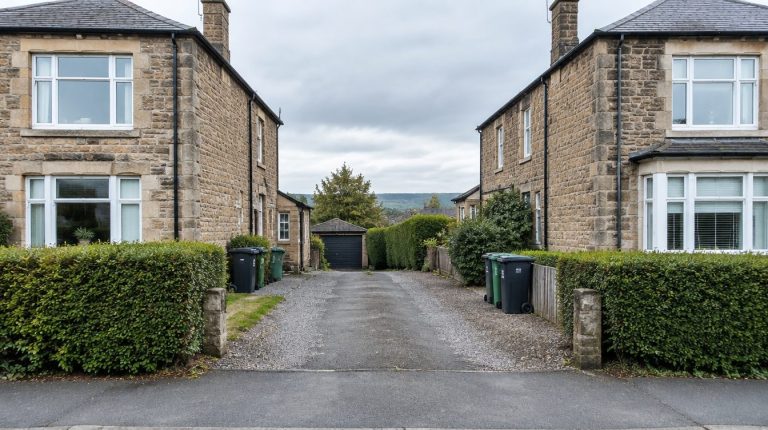 Shared driveway running between two sandstone semi-detached houses in a Scottish street