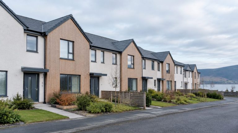 Row of modern affordable terraced homes in a Scottish town of the kind offered through shared ownership