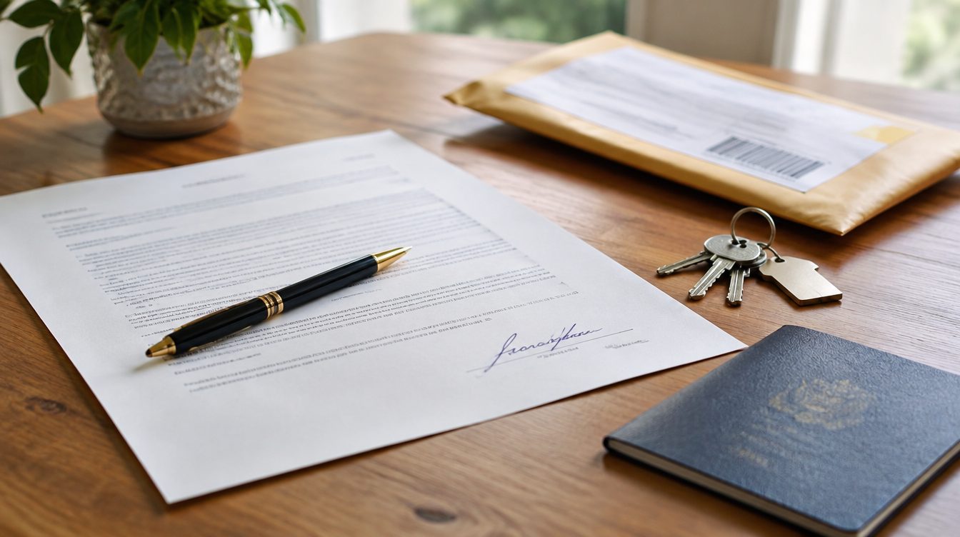 Signed property deed, tracked courier envelope, passport and house keys on a table