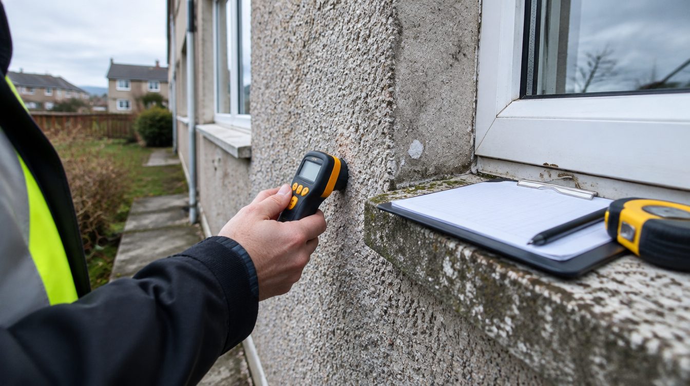 Surveyor checking the rendered concrete wall of a post-war non-traditional house in Scotland