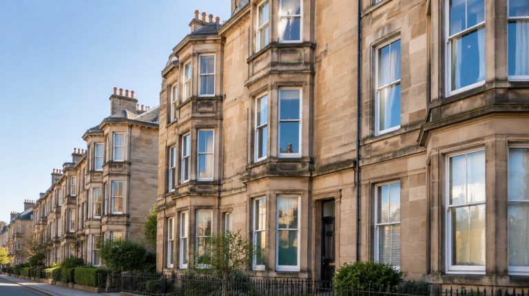Traditional sandstone tenement with bay windows on a Scottish street, typical of flats sold with a sitting tenant