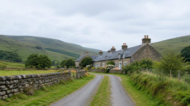 Unadopted private road leading to stone cottages in the Scottish countryside
