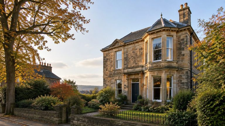 Detached Victorian stone villa in a leafy Scottish suburb in autumn